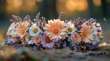 A bouquet of flowers is sitting on the ground photo