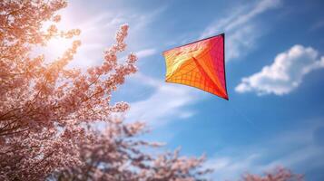 A kite flying in the sky with cherry blossoms photo