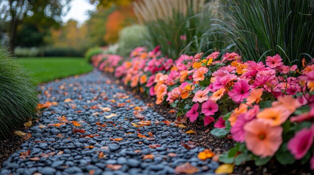 A gravel path lined with colorful flowers photo