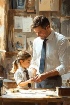 A painting of a man and a little girl working on a project photo