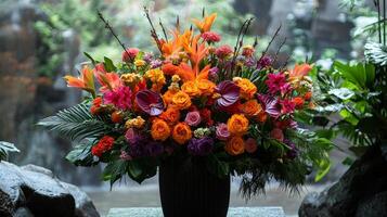 A large vase filled with flowers sitting on a table photo