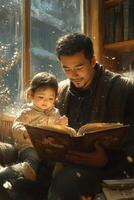 A man and a child reading a book photo