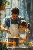A painting of a father and daughter cooking together photo