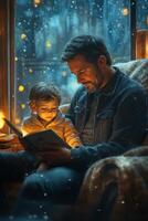 A man and child reading a book in the snow photo