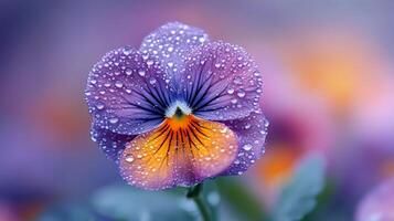 A purple pansy with water droplets on it photo
