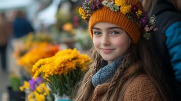 A girl wearing a hat and a flower crown photo