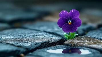 A purple flower is growing out of the rocks photo