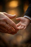 A man holding a child's hand with a hand on the other photo