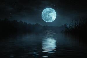 A full moon is reflected in the water at night photo