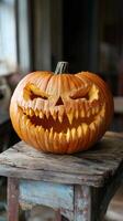 A carved pumpkin with teeth on top of a wooden table photo