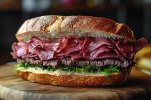 A large sandwich with meat and lettuce on a wooden board photo
