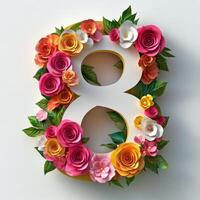 Number 8 made of paper flowers on white background photo