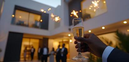 A person holding a glass of champagne in front of a house photo