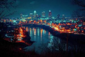 A city skyline lit up at night with lights on the buildings photo