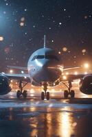 A large passenger jet sitting on the runway at night photo