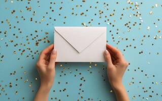 Woman's hands holding an envelope on a blue background with gold confetti photo