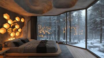 A bedroom with a bed and a fireplace photo