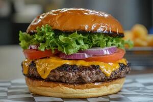 A large cheeseburger with lettuce, tomato, onion, and cheese photo