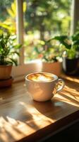 A cup of coffee sits on a table near a window photo