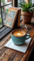 A cup of coffee sitting on a table photo