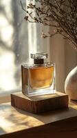A bottle of perfume sits on a wooden table photo