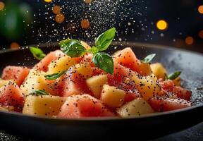 Watermelon salad with sesame seeds and basil photo