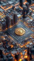 Bitcoin on a cityscape with city lights photo
