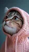 A cat wearing a pink sweater photo