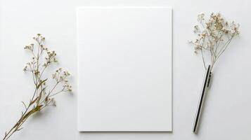 Blank white paper with dried flowers on a white surface photo