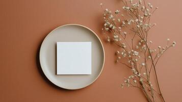 Blank white paper mockup on a plate with dried flowers on a pink background photo