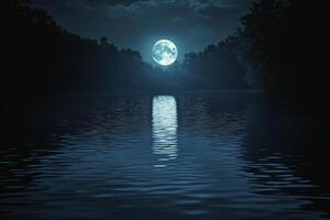 A full moon is shining over a lake at night photo