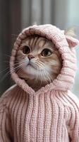 A cat wearing a pink sweater photo