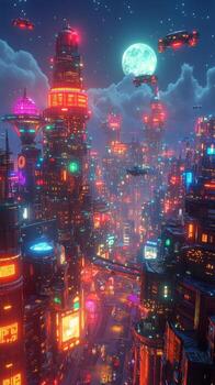 A city with neon lights and flying spaceships photo