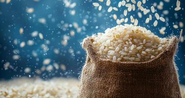 Rice in a bag on a blue background photo