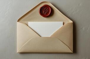 An envelope with a wax seal and a blank piece of paper photo