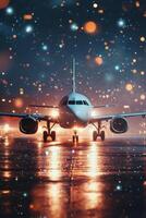 An airplane is sitting on the runway at night photo