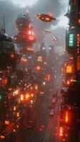A futuristic city with lots of lights and buildings photo