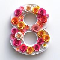 Number 8 made of paper flowers on white background photo