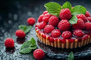 A raspberry tart with fresh raspberries on a black background photo