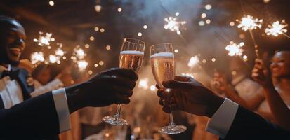 Two people toasting with sparklers at a wedding photo