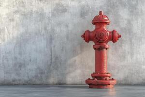 A red fire hydrant is standing in front of a concrete wall photo