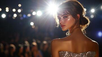 A woman in a sequin dress is looking at the camera photo