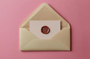 An envelope with a wax seal on a pink background photo
