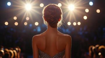 The back of a woman in a dress looking at the audience photo