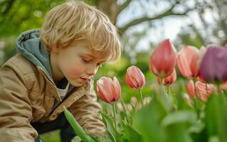 A young boy is smelling some tulips photo