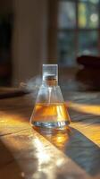A bottle of liquid sitting on a table photo