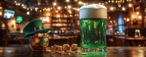 St patrick's day green beer and hat on bar photo