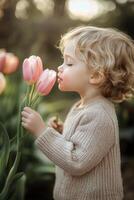 A little girl smelling a tulip photo