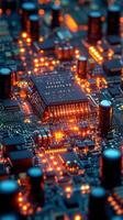 A close up of a circuit board with many electronic components photo