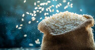 A bag of rice is being poured out of a sack photo